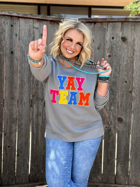 Texas True Threads "Yay Team" Chenille Applique Sweatshirt - Exclusive-Sweaters-Sunshine and Wine Boutique