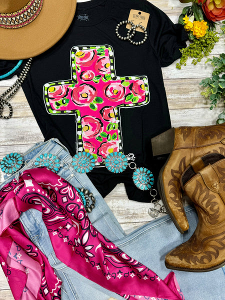 Texas True Threads Callie Ann Stelter Pink Floral Cross Tee - Exclusive-Tees-Sunshine and Wine Boutique