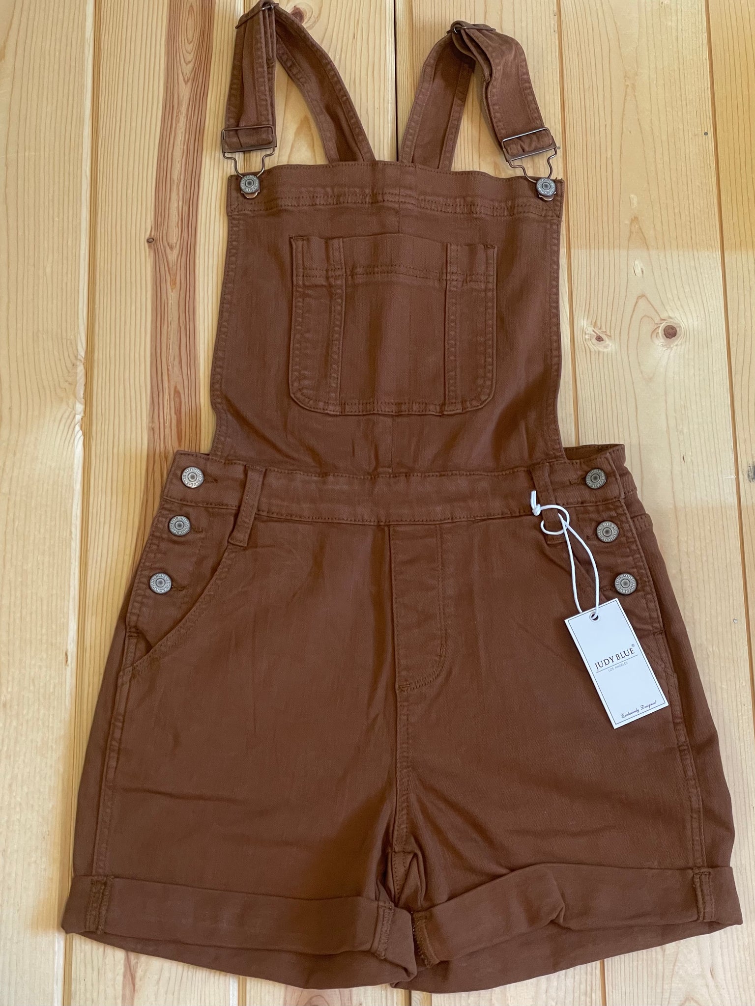 Judy Blue High Waist Garment Dyed Brown Destroy Cuffed Overall Denim Short 150241-Shorts-Sunshine and Wine Boutique