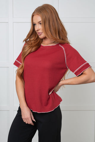 One Eleven North Heartbreaker Waffle Knit Tee in Cranberry