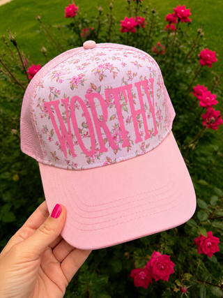 Southern Bliss Worthy Floral Light Pink Trucker Hat