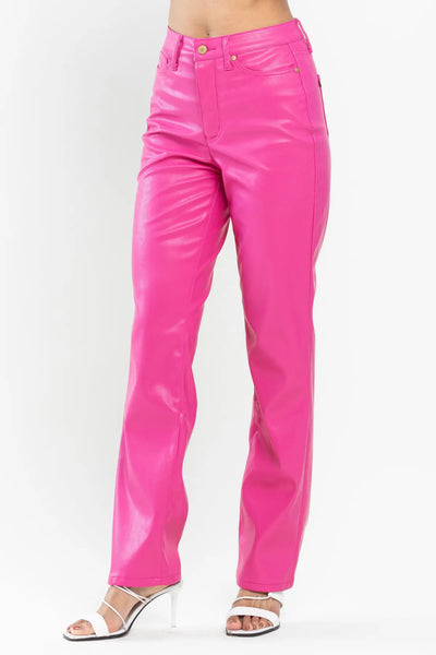 Judy Blue High Waist Tummy Control Top Faux Leather Straight Pants in Hot Pink 88748 - Exclusive-Jeans-Sunshine and Wine Boutique