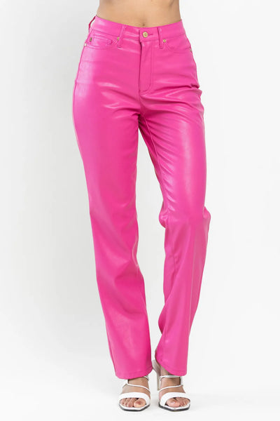 Judy Blue High Waist Tummy Control Top Faux Leather Straight Pants in Hot Pink 88748 - Exclusive-Jeans-Sunshine and Wine Boutique