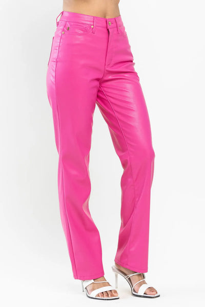 Judy Blue High Waist Tummy Control Top Faux Leather Straight Pants in Hot Pink 88748 - Exclusive-Jeans-Sunshine and Wine Boutique