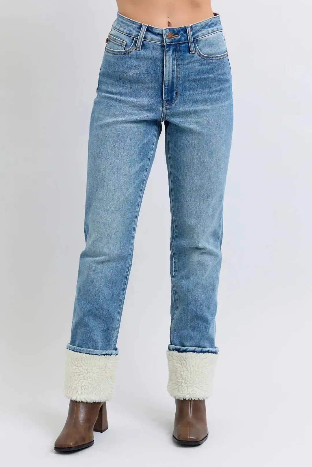 Judy Blue High Waist Shearling Cuff Straight Denim Jeans 88890-Jeans-Sunshine and Wine Boutique