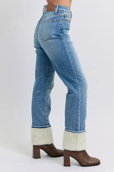 Judy Blue High Waist Shearling Cuff Straight Denim Jeans 88890-Jeans-Sunshine and Wine Boutique