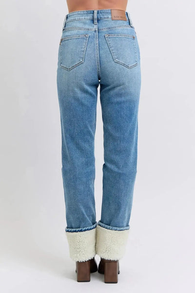 Judy Blue High Waist Shearling Cuff Straight Denim Jeans 88890-Jeans-Sunshine and Wine Boutique