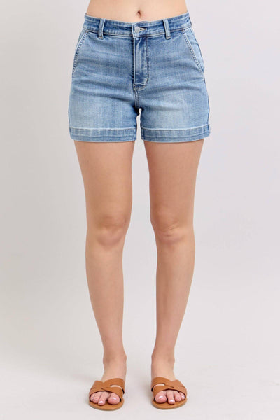 Judy Blue Mid Rise Trouser Denim Short 15289-Shorts-Sunshine and Wine Boutique