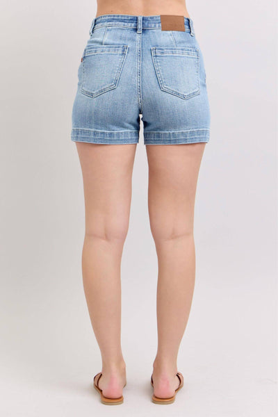 Judy Blue Mid Rise Trouser Denim Short 15289-Shorts-Sunshine and Wine Boutique