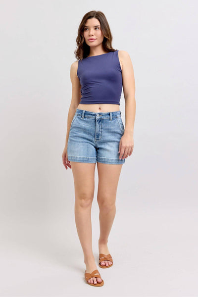 Judy Blue Mid Rise Trouser Denim Short 15289-Shorts-Sunshine and Wine Boutique