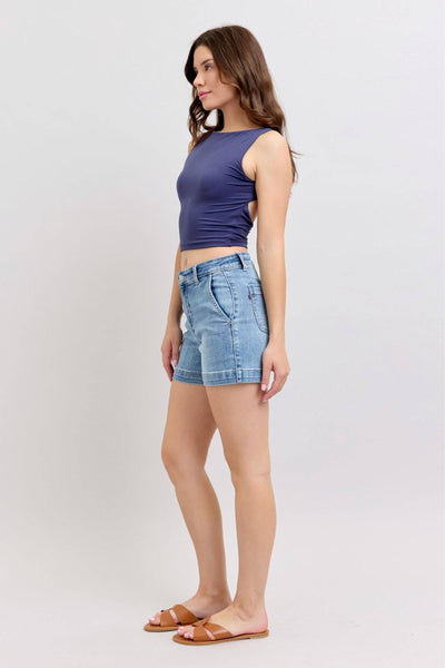 Judy Blue Mid Rise Trouser Denim Short 15289-Shorts-Sunshine and Wine Boutique