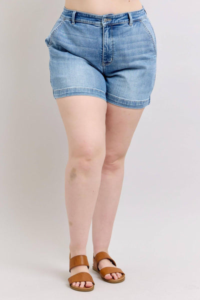 Judy Blue Mid Rise Trouser Denim Short 15289-Shorts-Sunshine and Wine Boutique