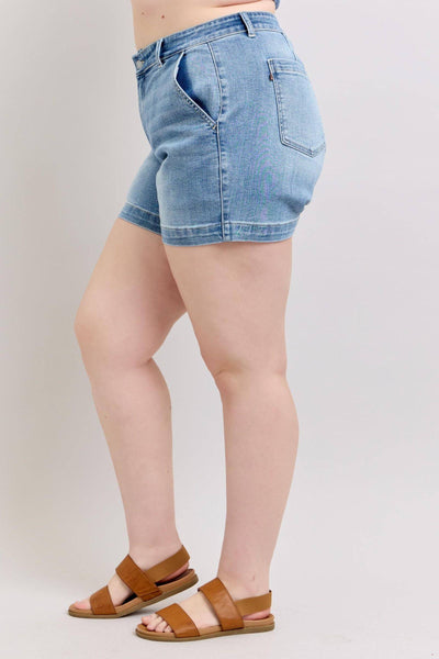 Judy Blue Mid Rise Trouser Denim Short 15289-Shorts-Sunshine and Wine Boutique