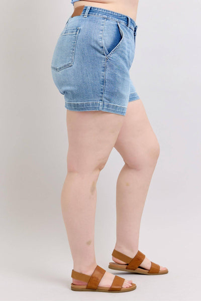 Judy Blue Mid Rise Trouser Denim Short 15289-Shorts-Sunshine and Wine Boutique