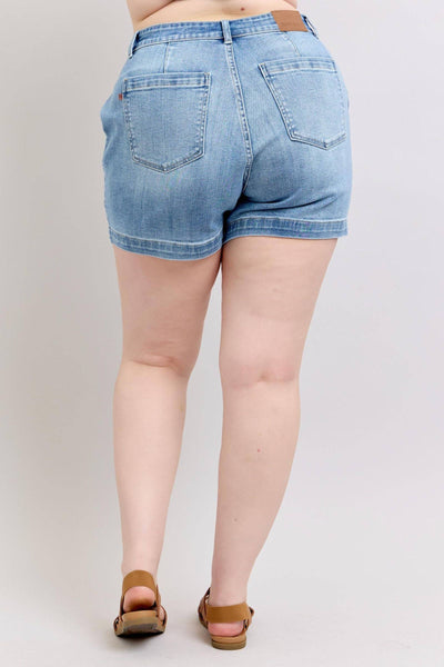 Judy Blue Mid Rise Trouser Denim Short 15289-Shorts-Sunshine and Wine Boutique