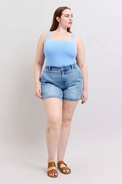 Judy Blue Mid Rise Trouser Denim Short 15289-Shorts-Sunshine and Wine Boutique