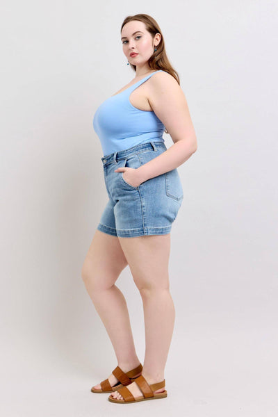 Judy Blue Mid Rise Trouser Denim Short 15289-Shorts-Sunshine and Wine Boutique