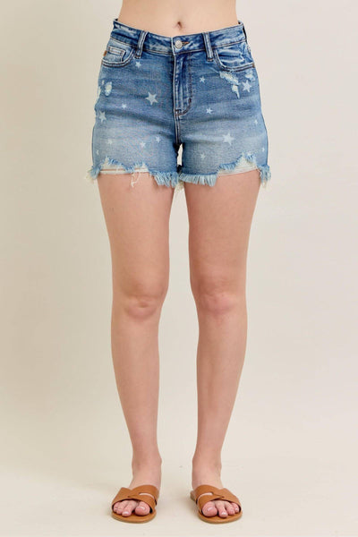 Judy Blue High Waist Star Print Cut Off Denim Short 150226-Shorts-Sunshine and Wine Boutique