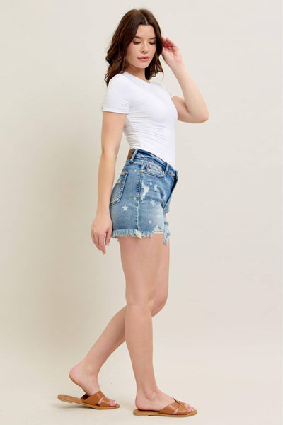Judy Blue High Waist Star Print Cut Off Denim Short 150226-Shorts-Sunshine and Wine Boutique