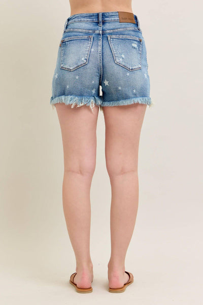 Judy Blue High Waist Star Print Cut Off Denim Short 150226-Shorts-Sunshine and Wine Boutique