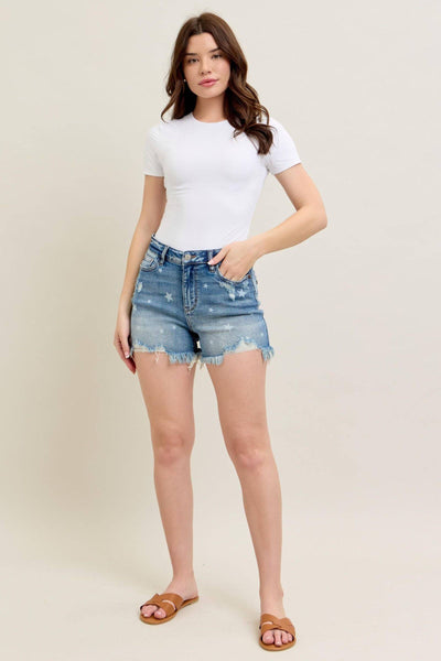 Judy Blue High Waist Star Print Cut Off Denim Short 150226-Shorts-Sunshine and Wine Boutique