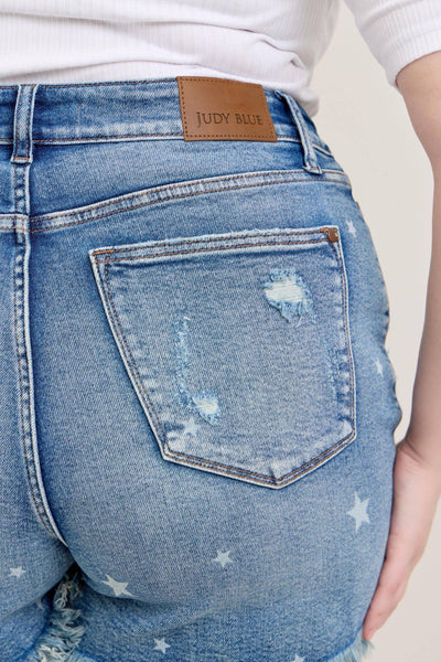 Judy Blue High Waist Star Print Cut Off Denim Short 150226-Shorts-Sunshine and Wine Boutique