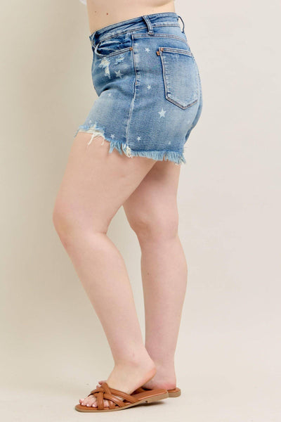 Judy Blue High Waist Star Print Cut Off Denim Short 150226-Shorts-Sunshine and Wine Boutique