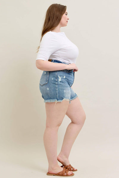 Judy Blue High Waist Star Print Cut Off Denim Short 150226-Shorts-Sunshine and Wine Boutique