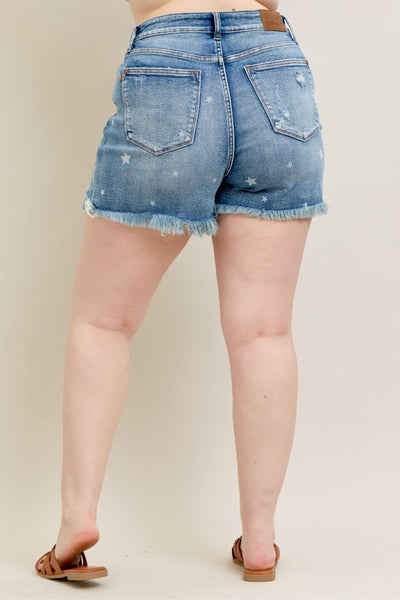 Judy Blue High Waist Star Print Cut Off Denim Short 150226-Shorts-Sunshine and Wine Boutique
