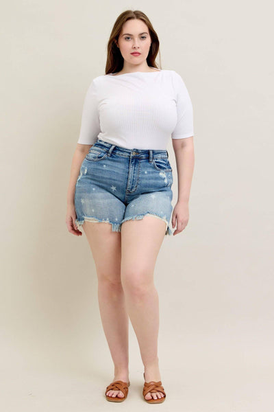 Judy Blue High Waist Star Print Cut Off Denim Short 150226-Shorts-Sunshine and Wine Boutique