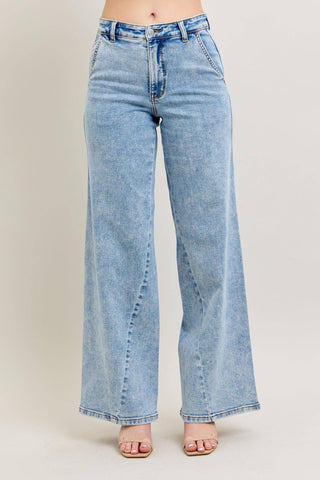 Judy Blue High Waist Stone Wash Retro Skewed Hem Wide Leg Denim Jeans 82654-Jeans-Sunshine and Wine Boutique
