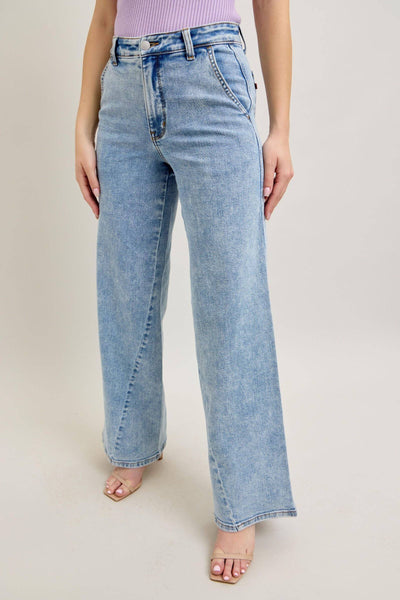Judy Blue High Waist Stone Wash Retro Skewed Hem Wide Leg Denim Jeans 82654-Jeans-Sunshine and Wine Boutique