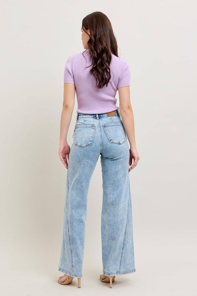 Judy Blue High Waist Stone Wash Retro Skewed Hem Wide Leg Denim Jeans 82654-Jeans-Sunshine and Wine Boutique