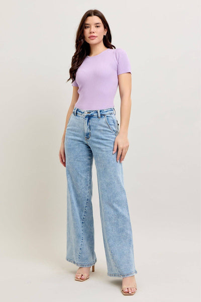 Judy Blue High Waist Stone Wash Retro Skewed Hem Wide Leg Denim Jeans 82654-Jeans-Sunshine and Wine Boutique