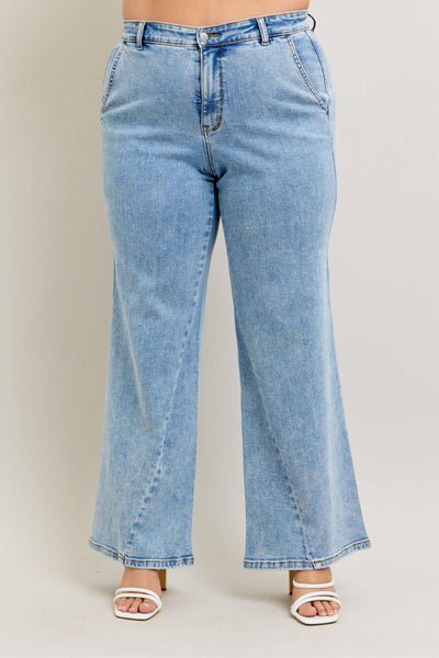 Judy Blue High Waist Stone Wash Retro Skewed Hem Wide Leg Denim Jeans 82654-Jeans-Sunshine and Wine Boutique
