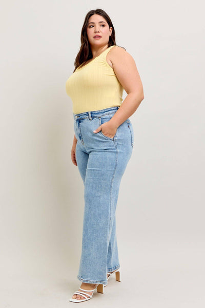 Judy Blue High Waist Stone Wash Retro Skewed Hem Wide Leg Denim Jeans 82654-Jeans-Sunshine and Wine Boutique