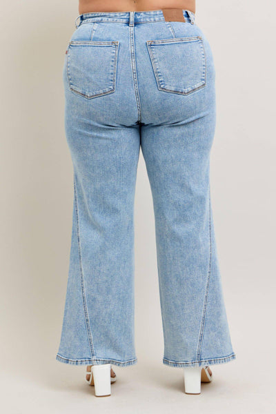 Judy Blue High Waist Stone Wash Retro Skewed Hem Wide Leg Denim Jeans 82654-Jeans-Sunshine and Wine Boutique