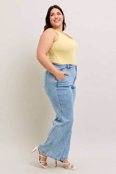 Judy Blue High Waist Stone Wash Retro Skewed Hem Wide Leg Denim Jeans 82654-Jeans-Sunshine and Wine Boutique