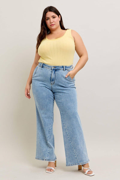Judy Blue High Waist Stone Wash Retro Skewed Hem Wide Leg Denim Jeans 82654-Jeans-Sunshine and Wine Boutique