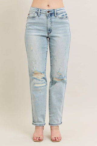 Judy Blue Mid Rise Repair Stitch Detail Destroy Single Cuff Boyfriend Denim Jeans 88972-Jeans-Sunshine and Wine Boutique