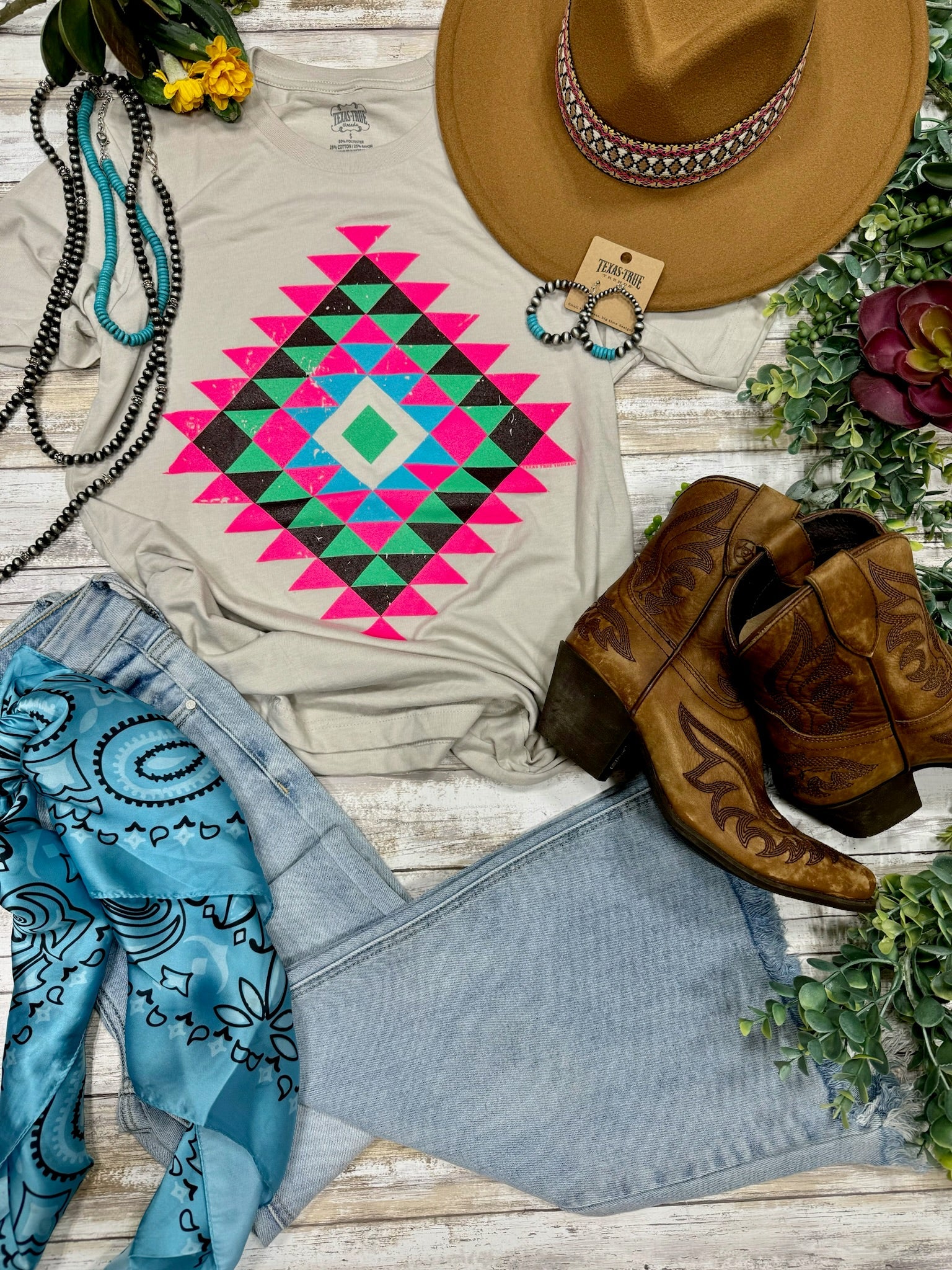 Texas True Threads Ryanne's Neon Aztec Tee-Tees-Sunshine and Wine Boutique