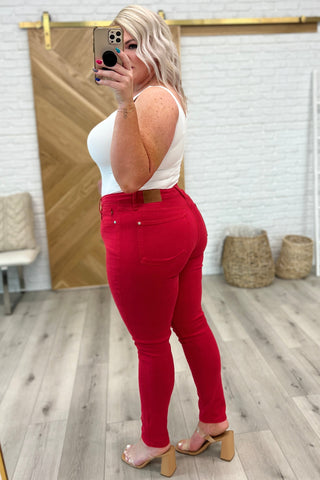 Judy Blue Ruby High Rise Control Top Garment Dyed Skinny Jeans in Red - Exclusive