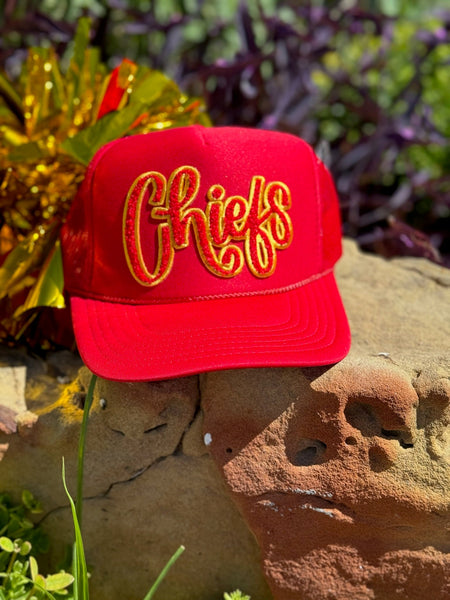 Texas True Threads Red & Gold Chiefs Chenille Patch Trucker Cap 3 Color Options - Exclusive-Hats-Sunshine and Wine Boutique