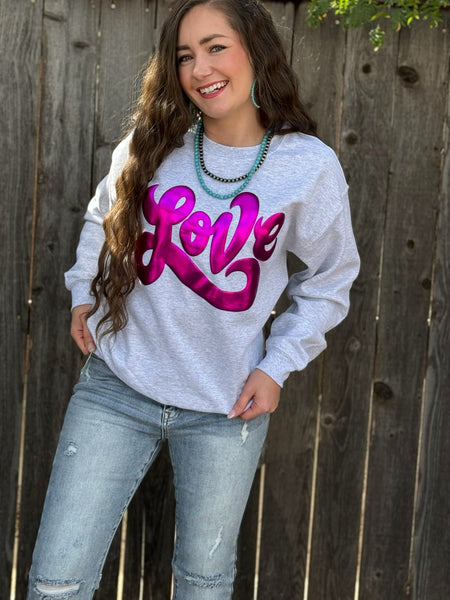 Texas True Threads Love in Metallic Pink Puff Sweatshirt-Tees-Sunshine and Wine Boutique