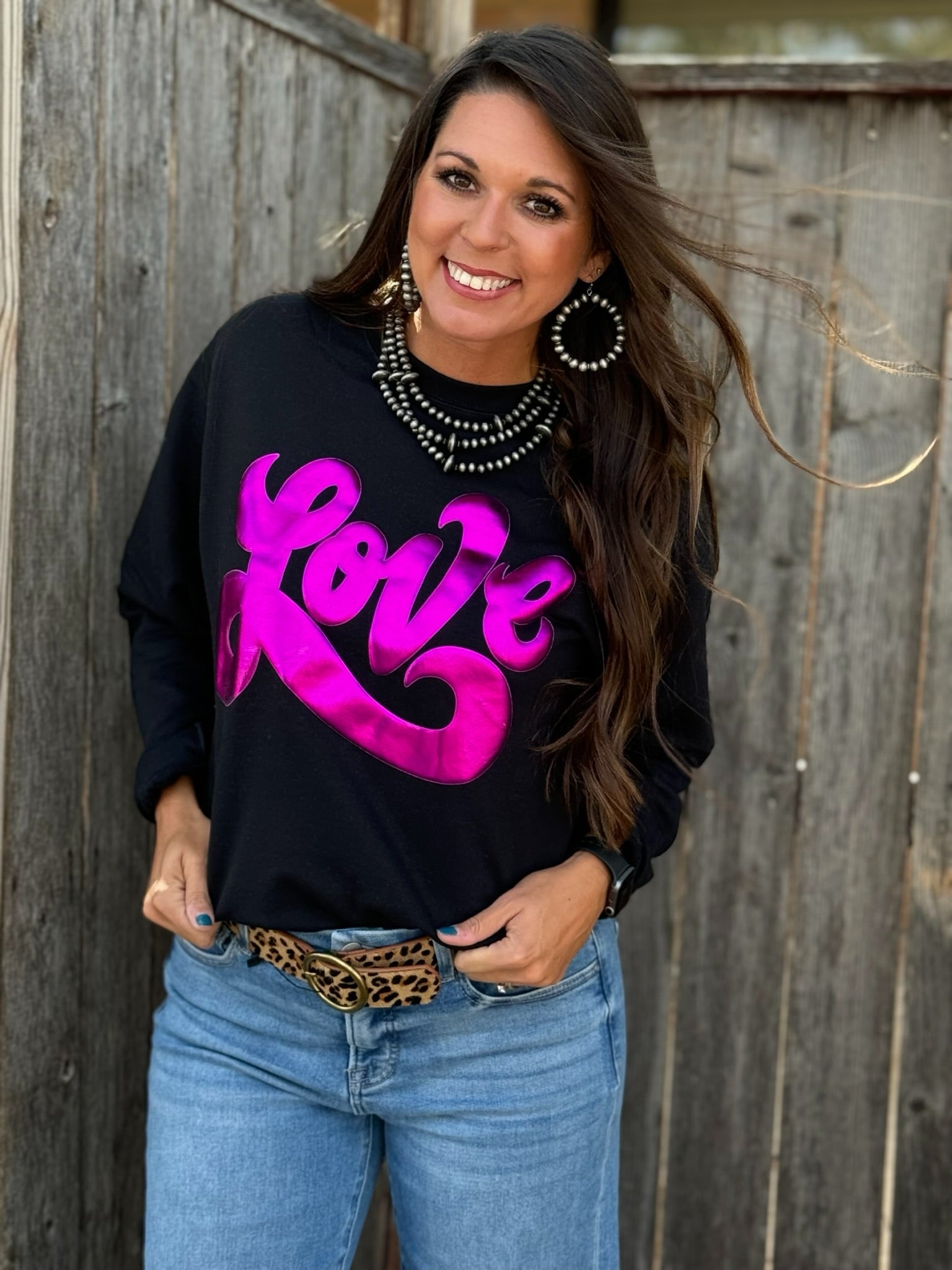 Texas True Threads Love in Metallic Pink Puff Sweatshirt-Tees-Sunshine and Wine Boutique