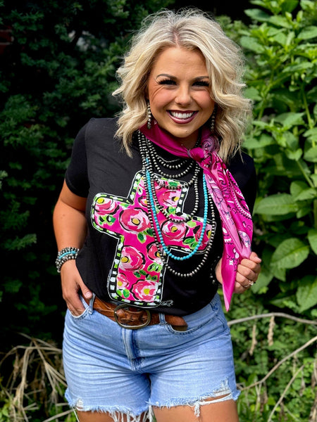 Texas True Threads Callie Ann Stelter Pink Floral Cross Tee - Exclusive-Tees-Sunshine and Wine Boutique