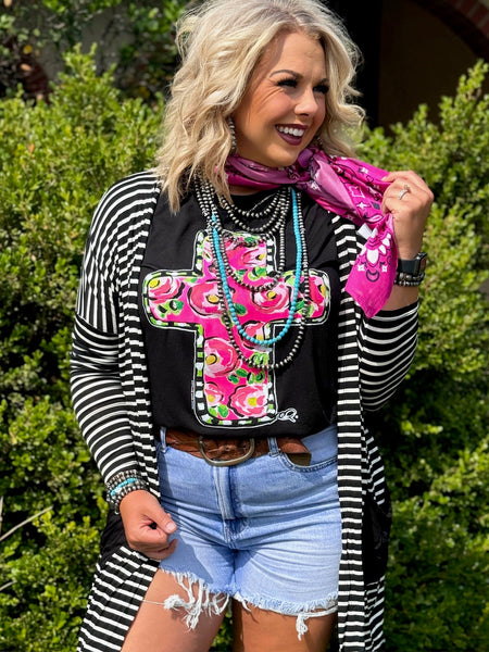 Texas True Threads Callie Ann Stelter Pink Floral Cross Tee - Exclusive-Tees-Sunshine and Wine Boutique