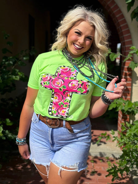 Texas True Threads Callie Ann Stelter Pink Floral Cross Tee - Exclusive-Tees-Sunshine and Wine Boutique