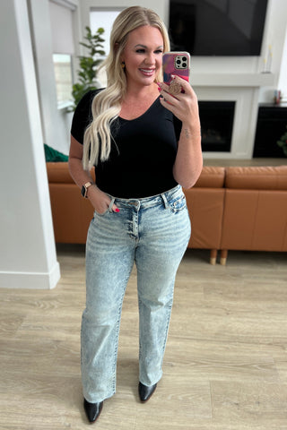 Judy Blue Dory High Waist Mineral Wash Raw Hem Wide Leg Jeans - Exclusive