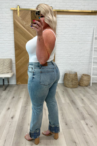 Judy Blue Miranda High Rise Plaid Cuff Vintage Straight Jeans - Exclusive